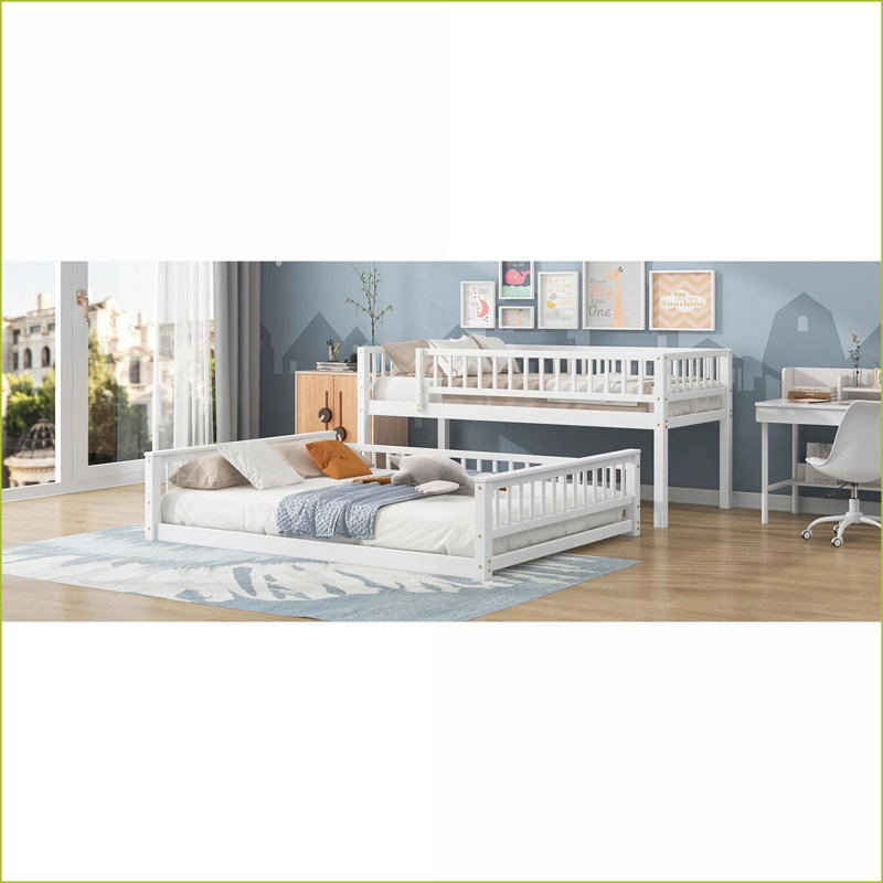 Twin XL Over Queen Pine Wood Bunk Bed with Guardrails &amp; Ladder, No Box Spring Needed, White