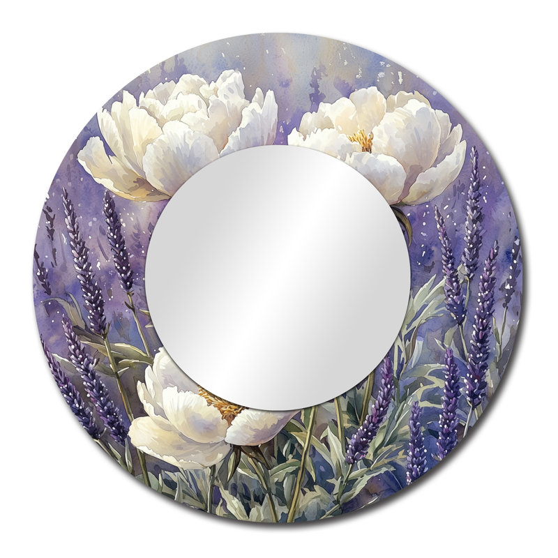 Pivoines dans le champ de lavande I - miroir traditionnel pour décoration murale - imprimé sur métal, 29 po x 29 po