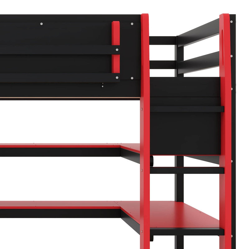 Lit mezzanine double en bois avec bureau, unité de rangement latérale, nombreuses tablettes et éclairage RVB, Lit double