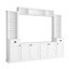 Meuble télé mural élégant pour téléviseurs de 75 pouces, blanc, avec étagères ajustables et grand espace de rangement. Console de télévision avec pont supérieur.