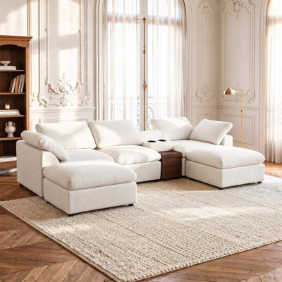 Canapé modulaire de 126 po avec console de rangement, canapé Cloud en forme de U avec porte-gobelets et tiroir, canapé en chenille à assise profonde avec coussins en mousse haute densité pour le salon, le cinéma maison