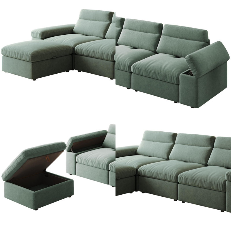 Canapé modulaire en forme de L 114 po avec dossier réglable et repose-pieds avec rangement, canapé-lit compressé rembourré avec accoudoirs de rangement pour le salon