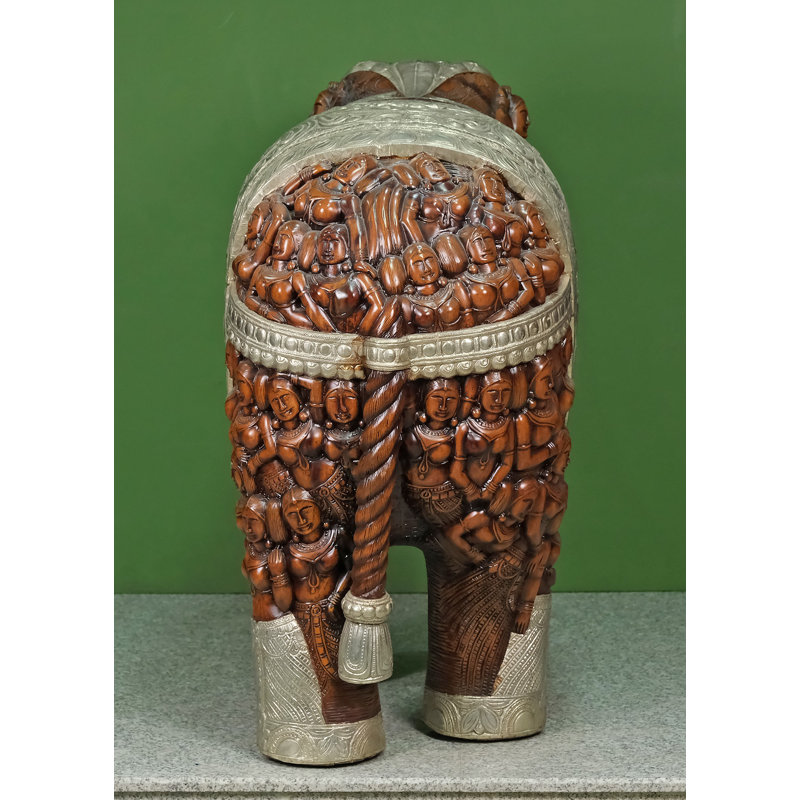 54" Wide Hand-Carved Wooden Elephant Masterpiece Sculpture – Large Composite Figure Floor Statue with Silver Accents​