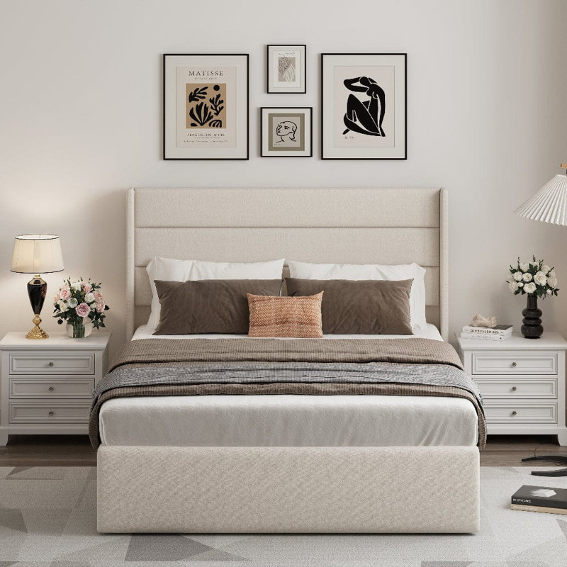 EASE Linen Pneumatic Lift Up Bed Frame Bed, Beige, Double (4'6)