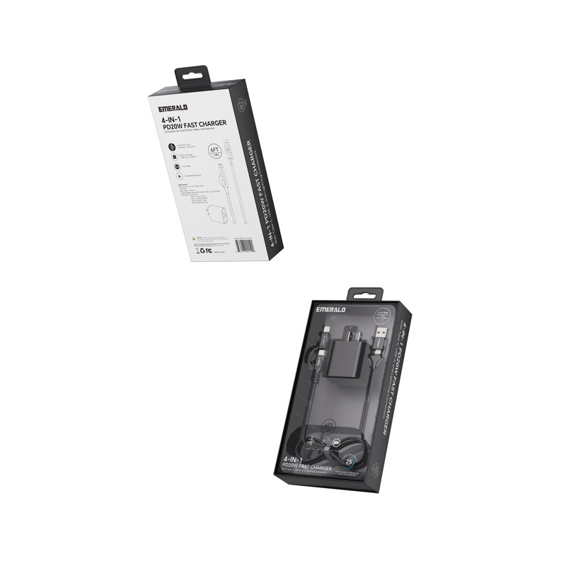Emerald 6 pi 4-en-1 tressé USB-A et Type-C vers Lightning et Type-C avec adaptateur, charge rapide et câble de synchro de données - Blanc