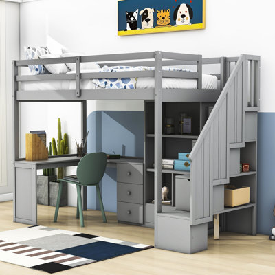Lit mezzanine simple 4 tiroirs en bois avec bureau intégré et tablettes