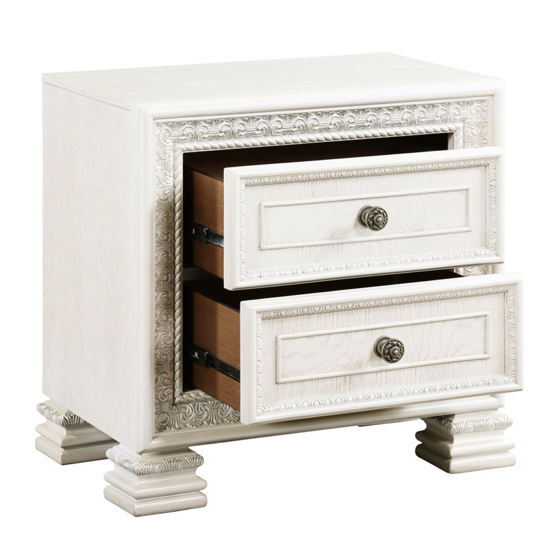 2 tables de chevet avec extérieur blanc perle et chambre à coucher en bois antique de style classique de luxe 2 tiroirs