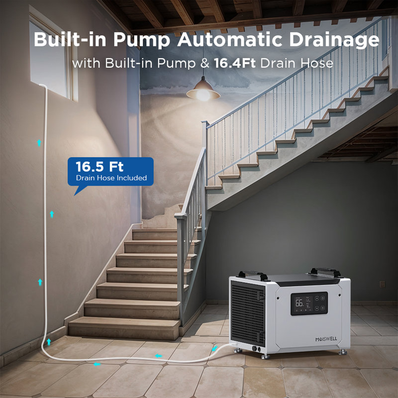 Déshumidificateur Energy Star de 70 pintes avec pompe intégrée Moiswell - Idéal pour une utilisation commerciale, les sous-sols, les vides sanitaires et les grandes pièces - Dégivrage automatique et conception portable