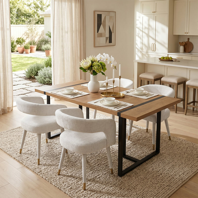 Modern 5-Piece Dining Set With 59" Rectangular Table And 4 Upholstered Arm Chairs, Beige