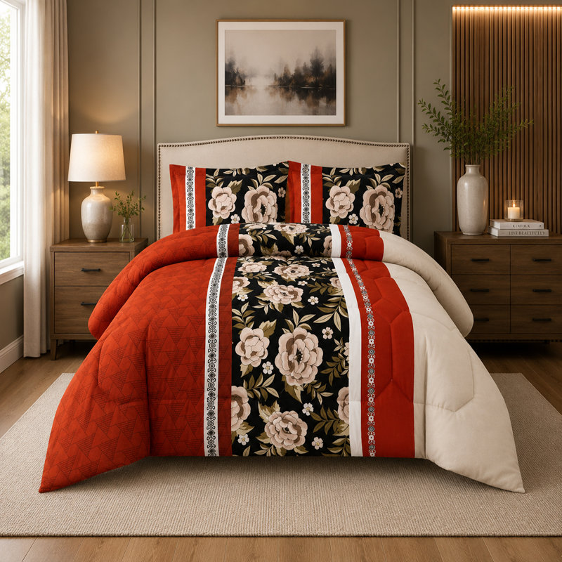 Red Trendy Printed Bedspread Floral Design Quilted with Pillow Shams, Double Bedspread + 2 Standard Shams