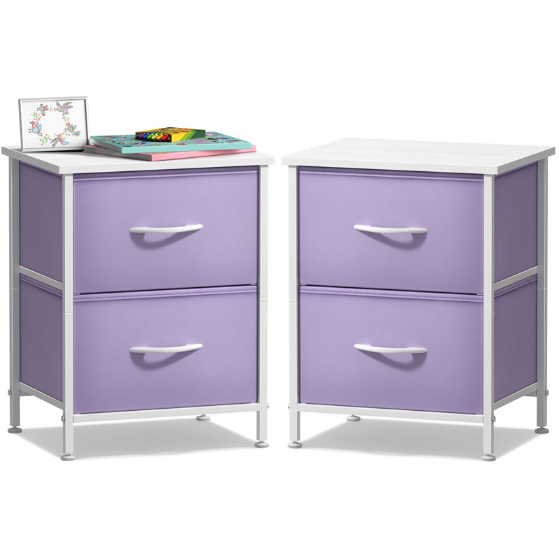 Table de chevet à 2 tiroirs Sorbus - Structure en acier, plateau en bois et bacs en tissu Easy Pull, Mauve