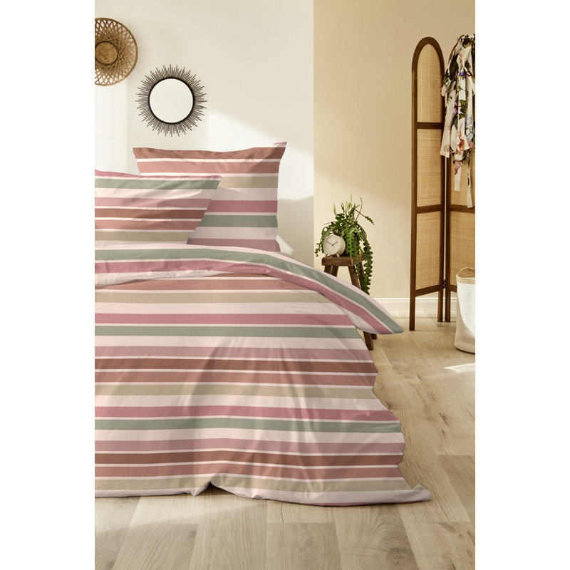 Clorice Cotton Striped Duvet Cover Set with Pillow Shams, Pink/Green
