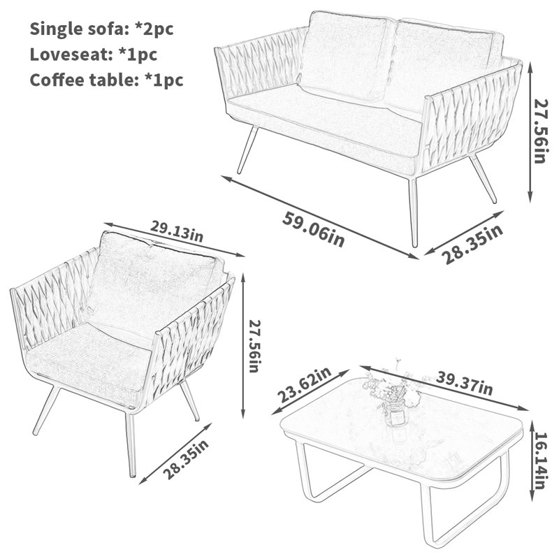 Ensemble de conversation d'extérieur pour 4 personnes avec coussins Noria