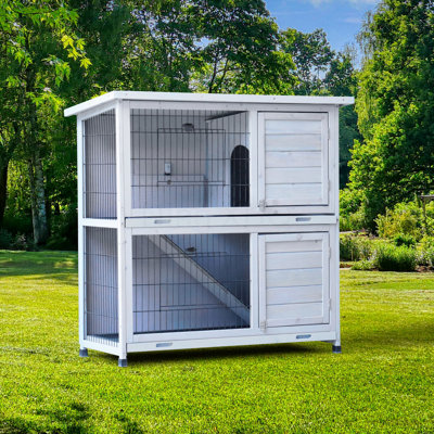 2-Tier Outdoor Wooden Rabbit Hutch with Removable Trays and Ramp