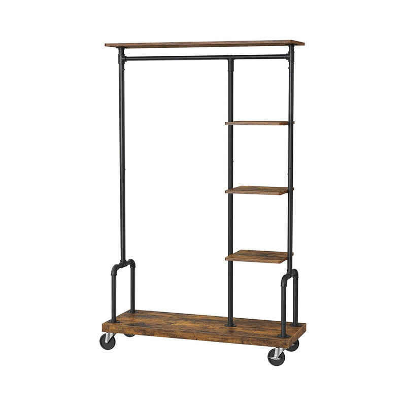 Rustic Brown Industrial Pipe Style Rolling Clothes Organizer with Wood Shelves