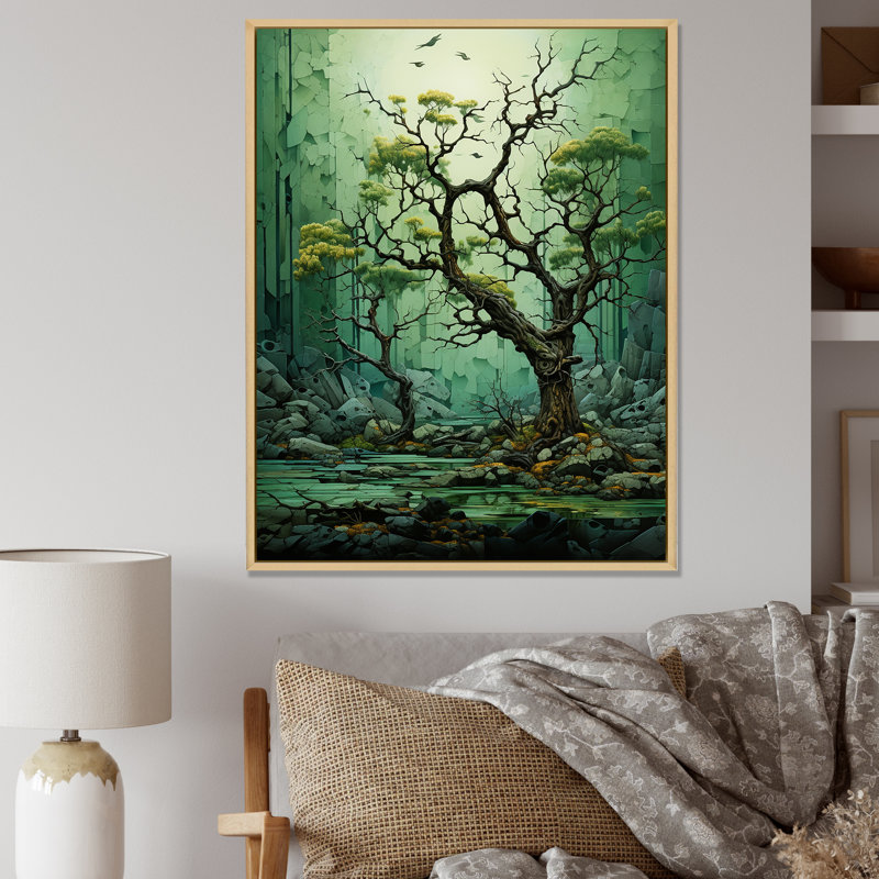 Green Spring Blooms Tree Forest II - Tree Wall Art, Brown Floater Framed, 20" H x 12" W x 1" D