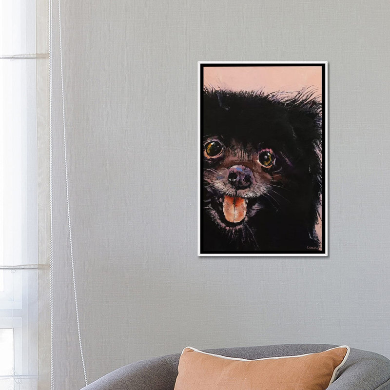 « Black Pomeranian » par Michael Creese, reproduction d’art, Pas de tapis, H 26 po x l 18 po x 1,5 po, Toile blanche encadrée
