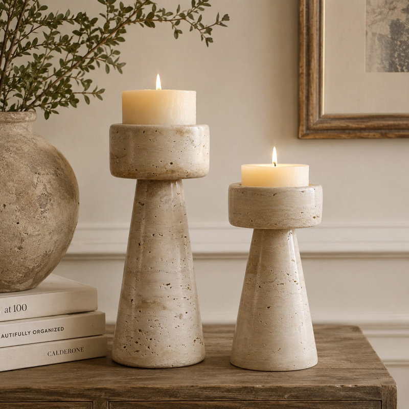 Ensemble de deux porte-bougies en travertin