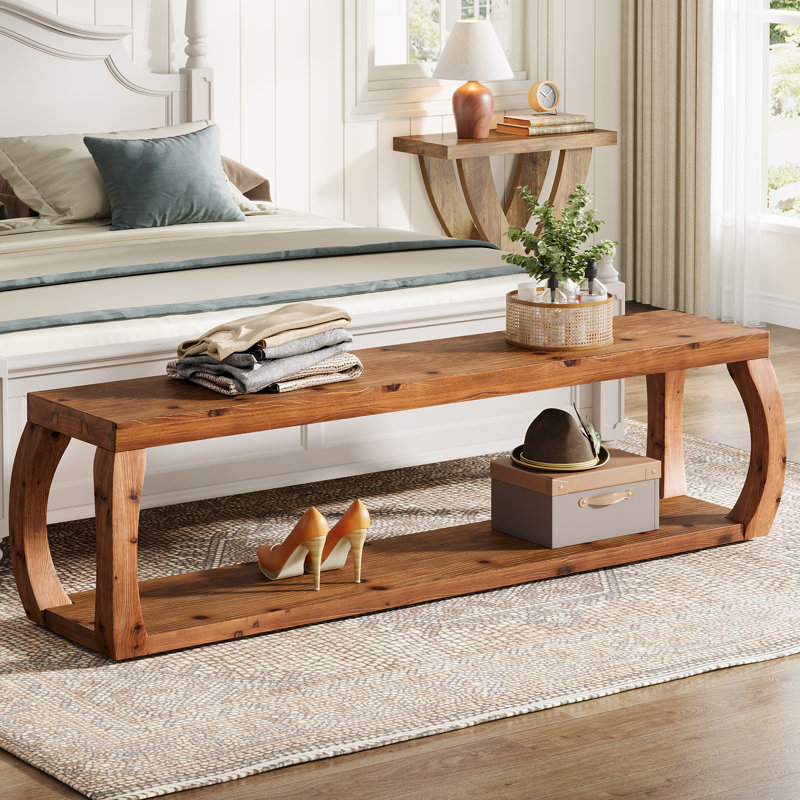 Banc de hall d'entrée en bois massif avec rangement ouvert à 2 niveaux, brun rustique