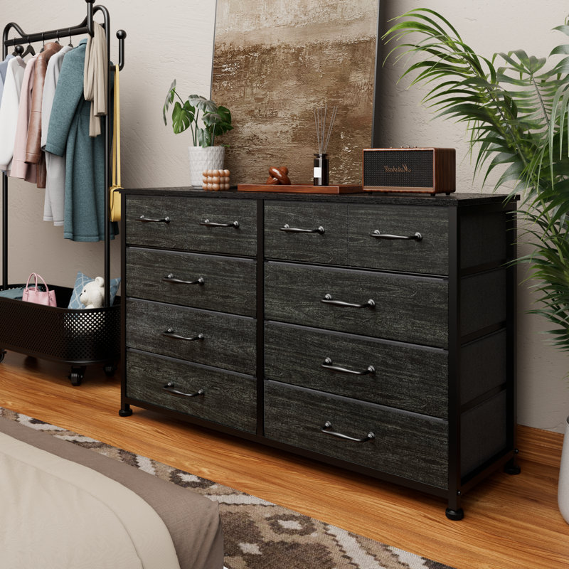 Fabric Storage Dresser with 10 Drawers for Bedroom, Modern Wide Chest for Living Room, Black Oak