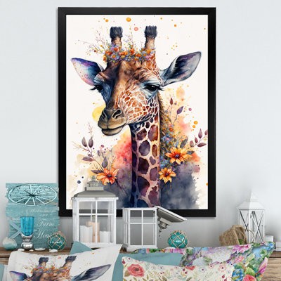 " Cute Giraffe Floral Art I " Painting Print