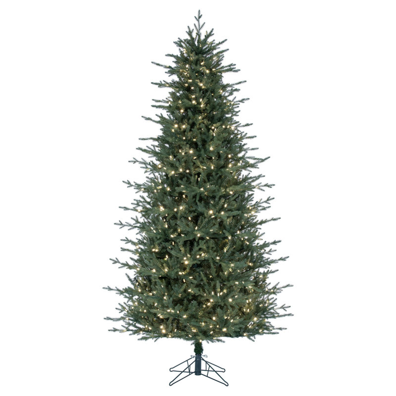 Vickerman 9.5' x 60" Slim Itasca Fraser Fir Artificial Pre-Lit Christmas Tree with 1050 Warm White LED Mini Lights, 3076 Realistic PE/PVC Tips, 6' Step On/Off Power Cord and Folding Metal Tree Stand. Assembly is required.