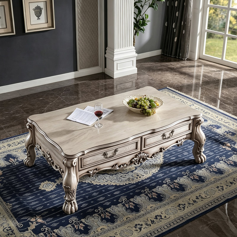 Table basse rectangulaire blanc cassé de style classique vintage avec pattes en forme de griffes