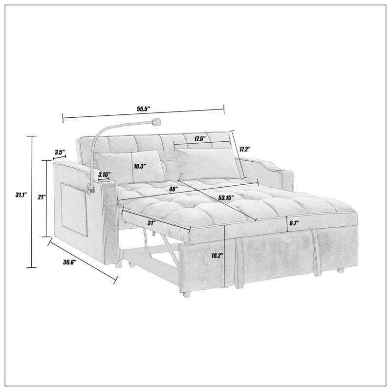 Canapé-lit pliable polyvalent de 55,51 pouces en 3 longueurs, canapé-lit moderne, canapé-lit en velours, dossier réglable, port USB, cendrier et support pour téléphone pivotant