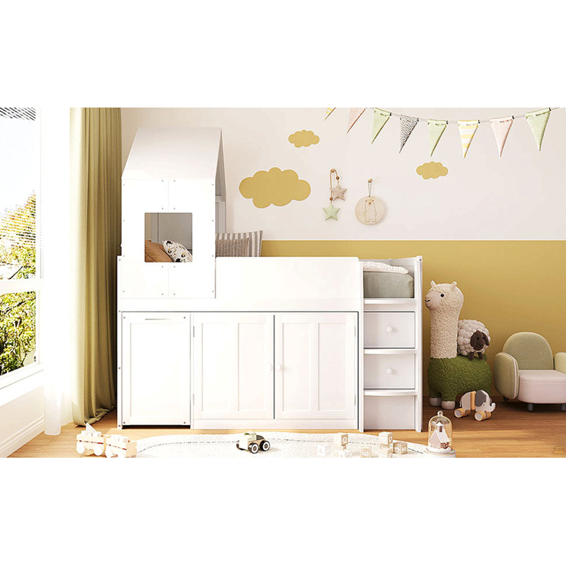 Lit mezzanine simple en bois avec bureau, tiroirs, armoires
