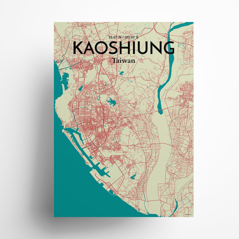 Kaoshiung City Map In Tricolour - No Frame Print, 27.6cm H x 19.7cm W x 0.05cm D