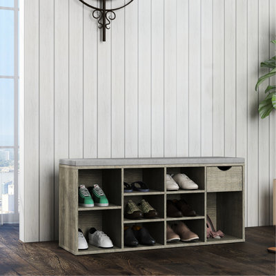 Banc à chaussures avec coussin et tiroir pour clés pour la laisse pour animaux de compagnie, 9 compartiments, bottes hautes à compartiments latéraux, panneau de particules gris, lunettes de soleil à clés multifonctionnelles 19,3 H, 10 compartiments, 11,8 W