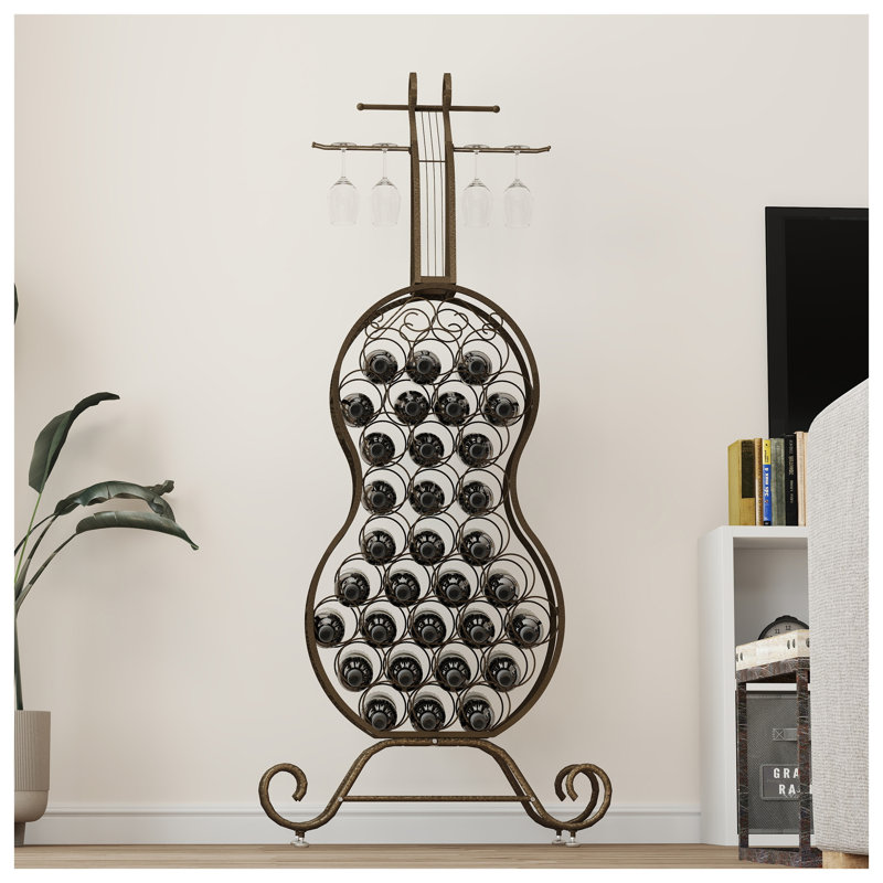Cello-Shaped Freestanding Metal Wine Rack with Storage Shelf, Antique Brown