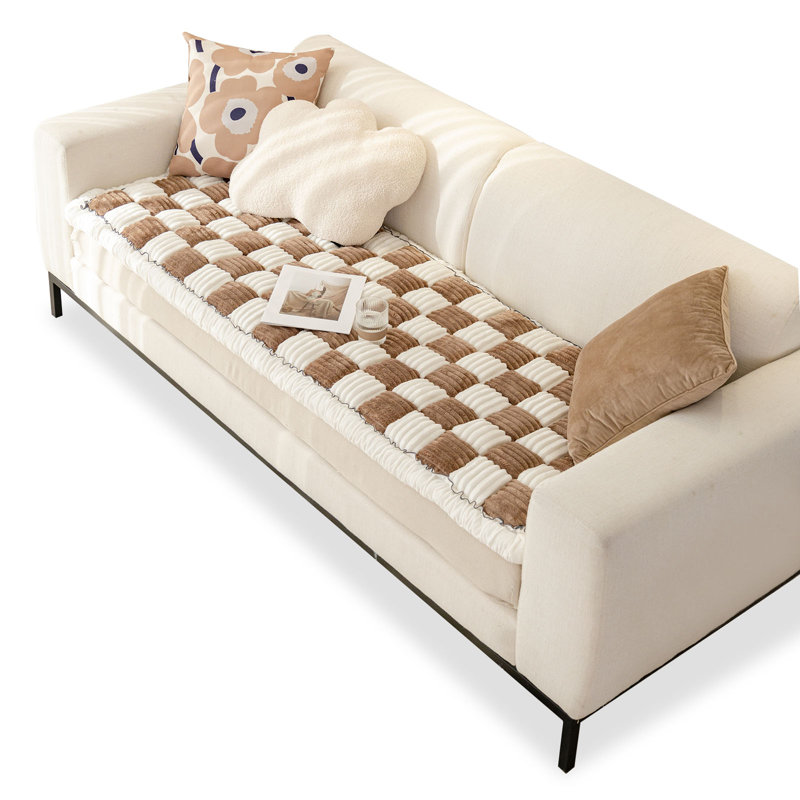 Fun Sofa Cover,Checkered Square Design,Window Seat Cushion, Bed Headboard Cushion, Tatami Mat, 27" H x 82" W, Brown/White