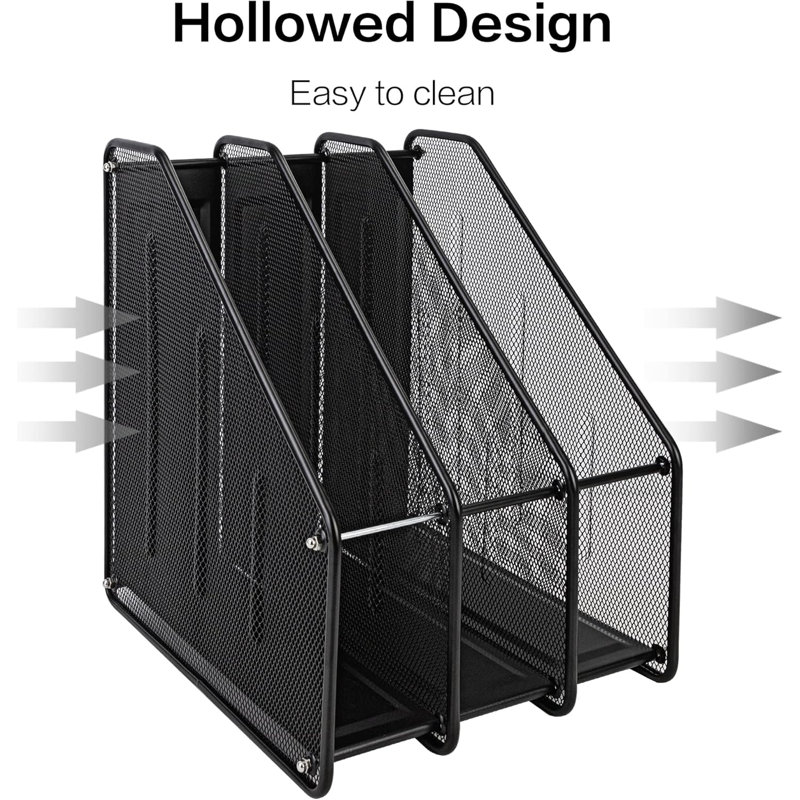 Mesh Magazine File Holder, Desk Organizer File Folder Document Rack For Office Organization And Storage, 3 Vertical Compartments, Black