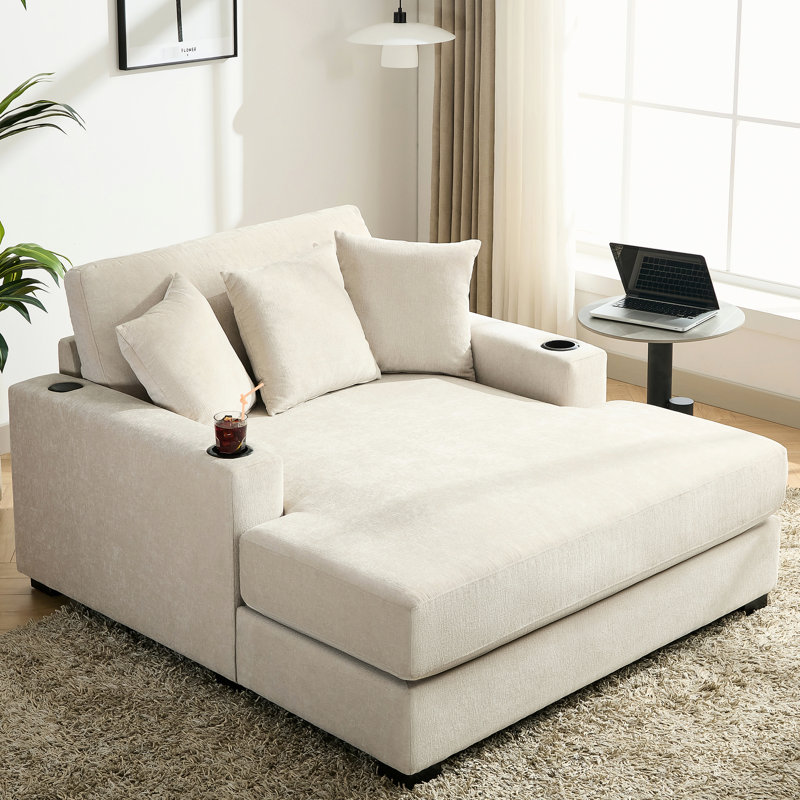 Chaise longue surdimensionnée de 55 po avec housses lavables amovibles, station de charge et porte-gobelets pour se détendre dans le tissu chenille crème du salon, détente confortable