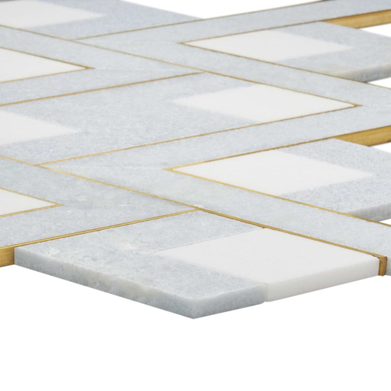 Zeta Polished Marble, Antique Mirror And Brass Waterjet Mosaic Tile, Celeste Blue
