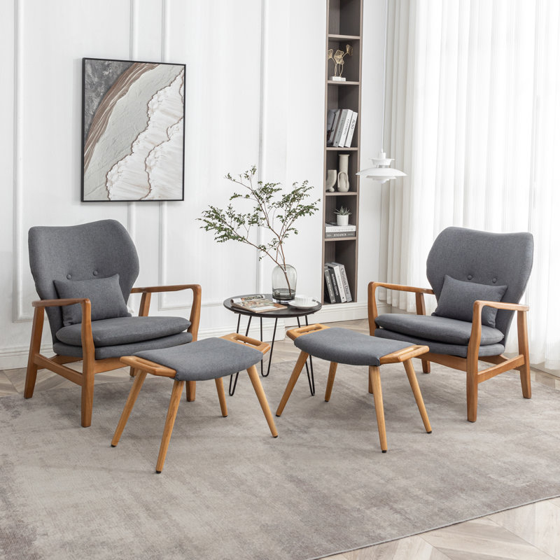 Koutsky Upholstered Accent Chair with Ottoman, Gray Linen Blend