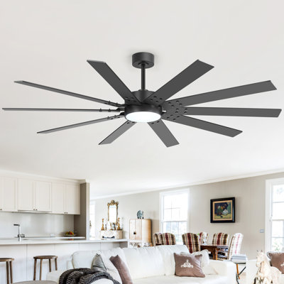 Ventilateur de plafond de 84 po à 10 pales avec éclairage DEL et télécommande, 3CCT, moteur CC réversible à 6 vitesses, pales noires/noyer