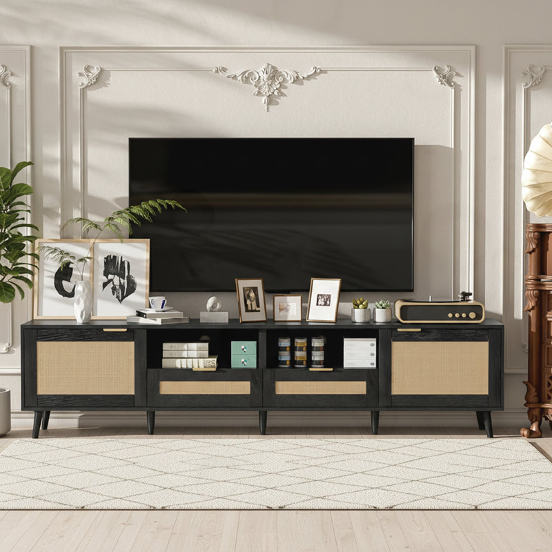 Rattan TV Stand with Solid Wood Legs