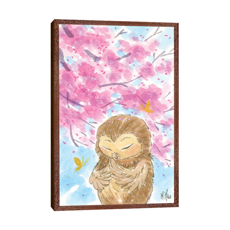 Cherry Blossom Owl by Martin Hsu - Painting on Canvas, Classic Brown Wood Framed, 66.04 cm H x 45.72 cm W