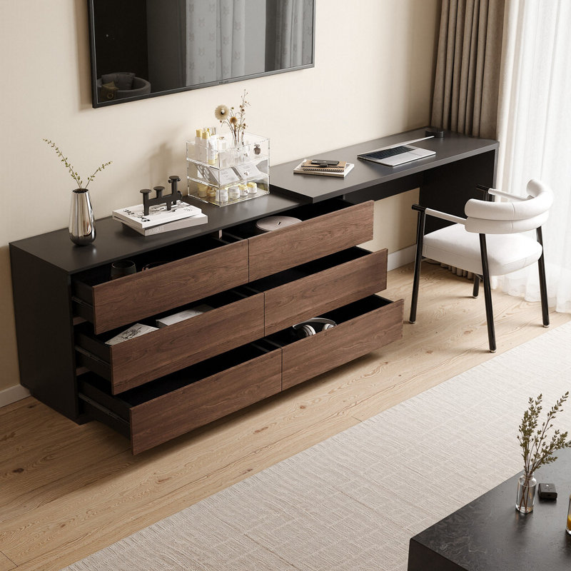 Bureau d'ordinateur en L 97,6 po avec commode extensible avec tiroirs de rangement, Noir / brun