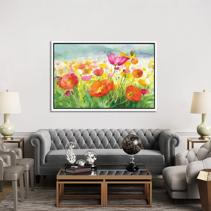 Meadow Poppies by Danhui Nai - Painting on Canvas, White Framed, 152.5 cm H x 101.5 cm W