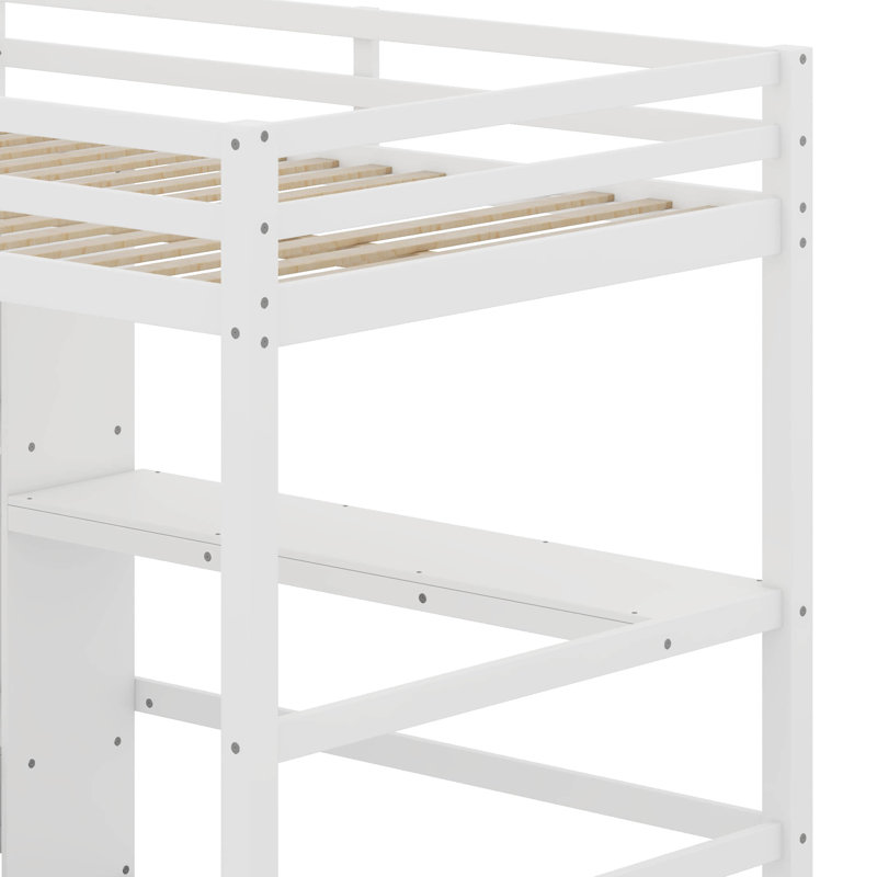 Lit mezzanine double avec bureau intégré sous le lit et tablettes multifonctionnelles, Blanc