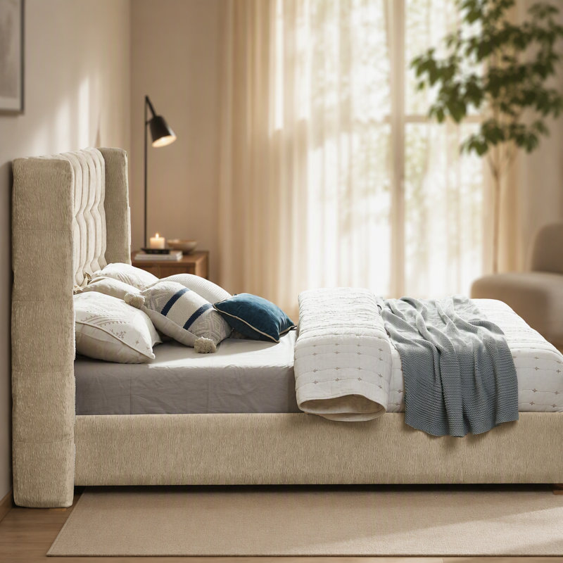 Lit à oreilles à oreilles, lit plateforme pour chambre à coucher, Kaki, King