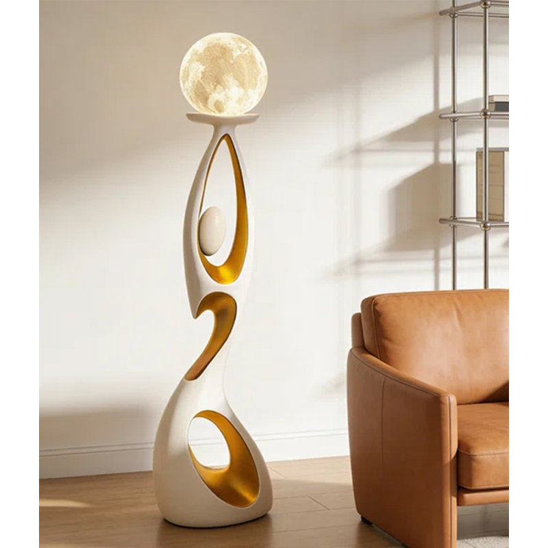 Lampe sur pied en résine de luxe moderne avec lumière abstraite, sculpture en forme de globe lunaire pour éclairage d'angle de salon