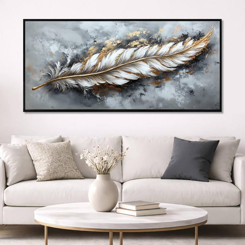 Plume luxueuse dorée grise avec pointes dorées I - impression sur toile glamour, art mural moderne, H 28 po x l 60 po