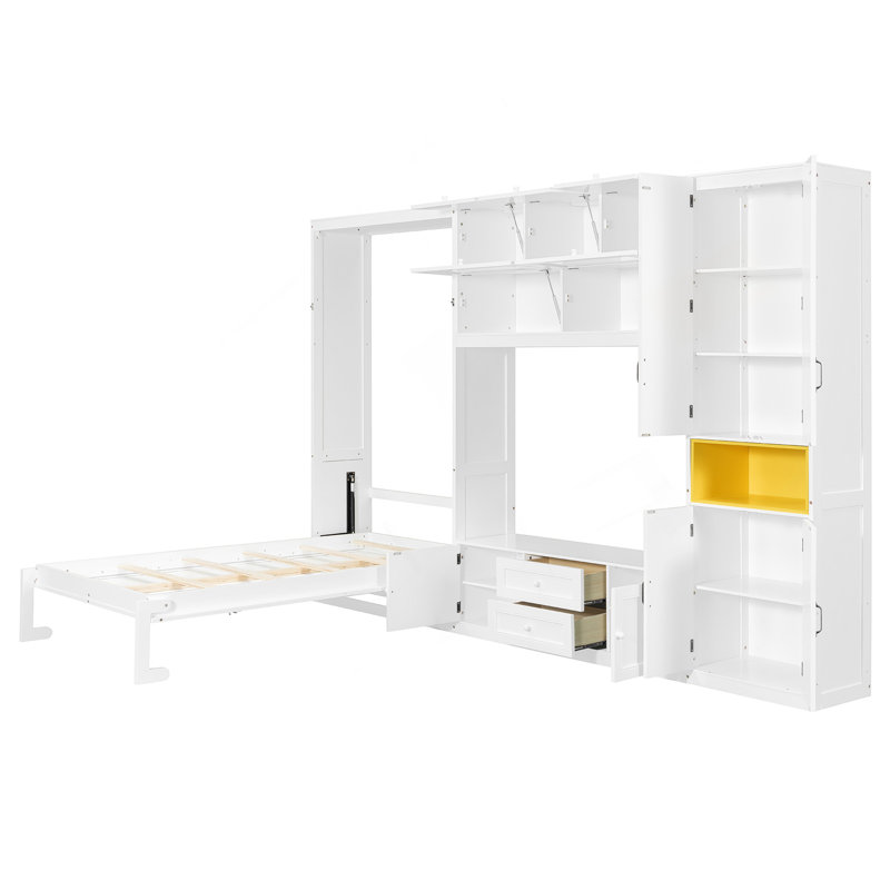 Lit escamotable simple en bois avec meuble télé, 2 tiroirs, tablettes et armoires, blanc, Blanc