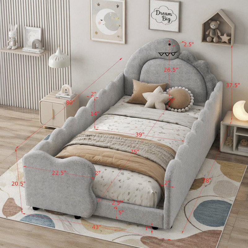 Lit simple pour enfant en forme de dinosaure avec barrière de sécurité, Marine