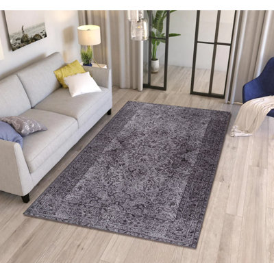 Anthracite Gray Oriental Vintage Look Woven Base Decorative Carpet