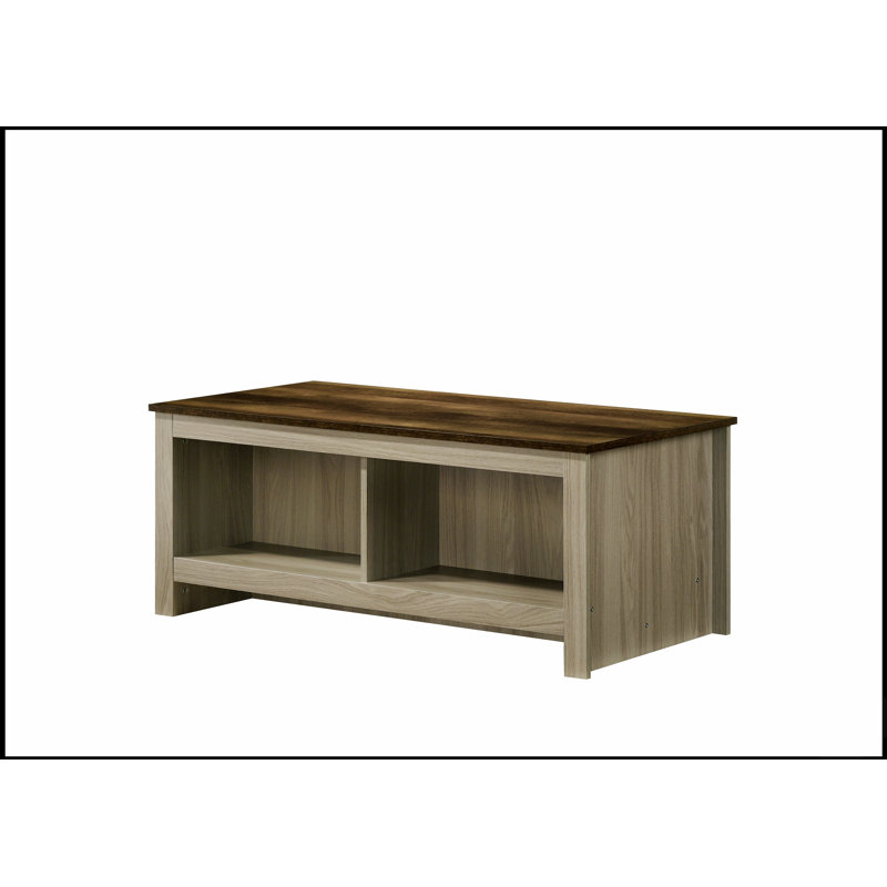 Table basse en chêne gris de 43 pouces de largeur avec tablettes ouvertes double face pour un accès et un rangement améliorés